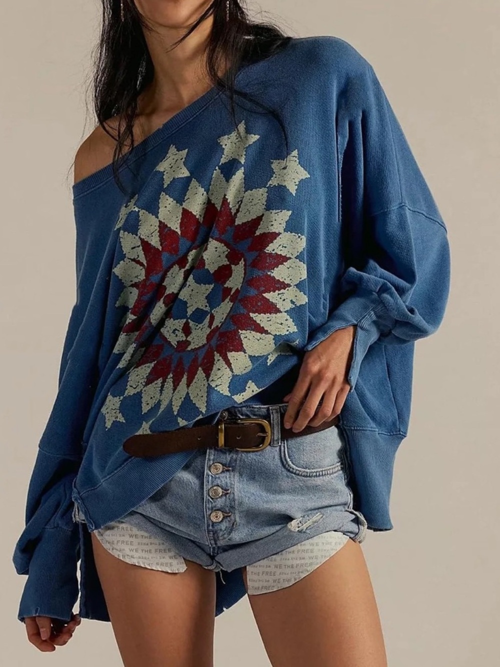 Free People We The Free Graphic Camden Pullover in Ink Blue NWT